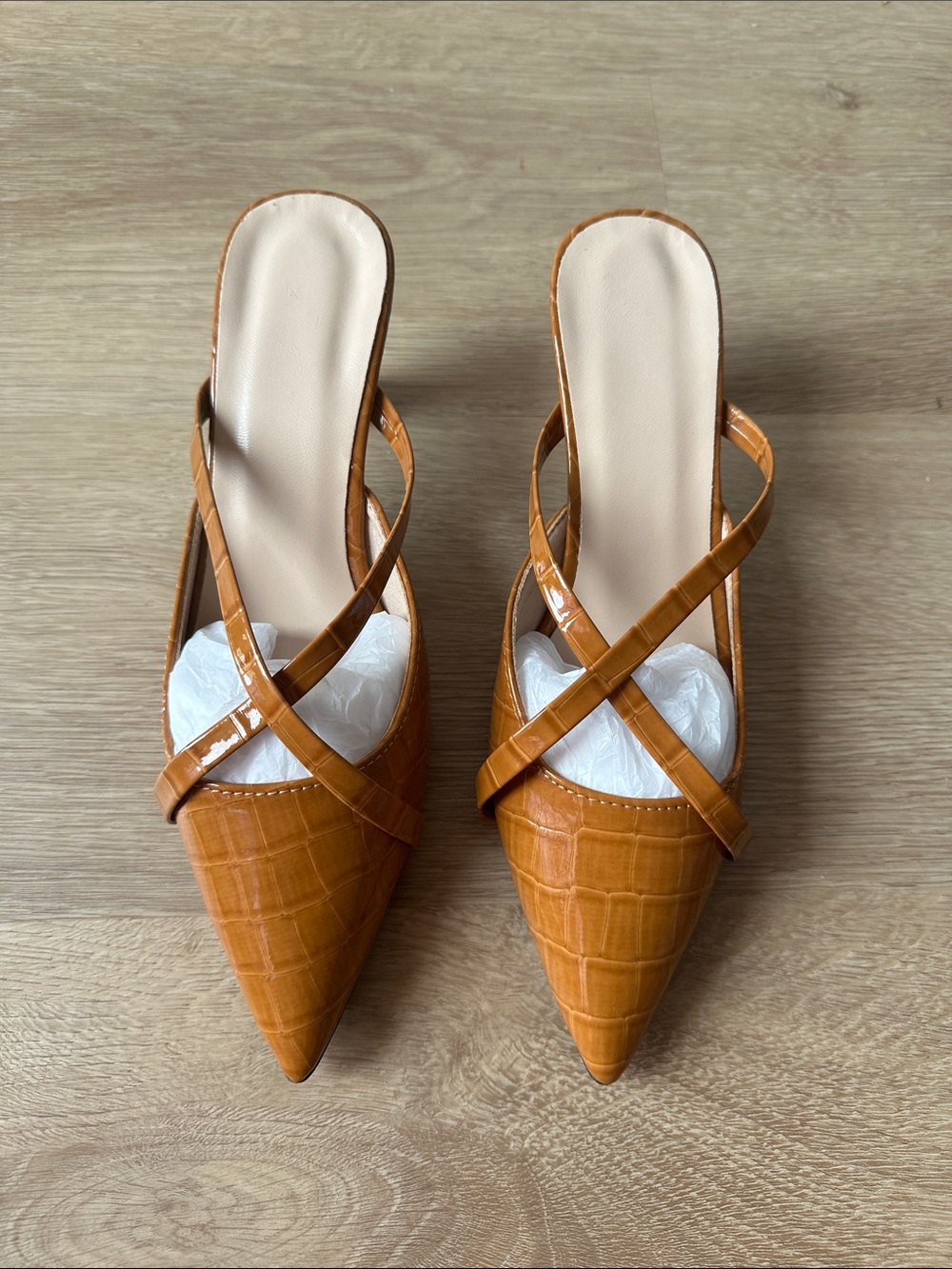 Source Unknown Tan Faux-Croc Pointed Cross-Strap Mules